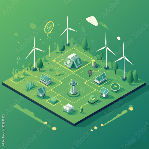 Isometric Green Energy Concept Illustration with Tent and Wind Turbines.