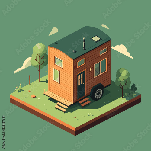 Isometric Tiny House on Wheels Illustration with Green Roof.