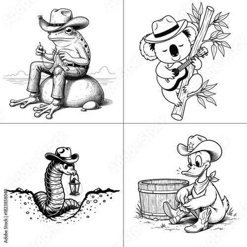 Cowboy Animals Set Frog Koala Snake Duck Musician Line Art