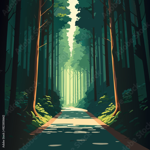 Sunlit Path Through a Dense Forest Illustration.