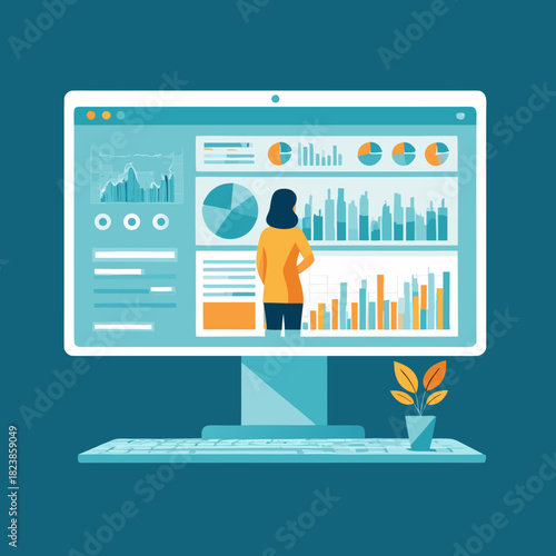 Woman Analyzing Data on Computer Screen with Charts and Graphs.