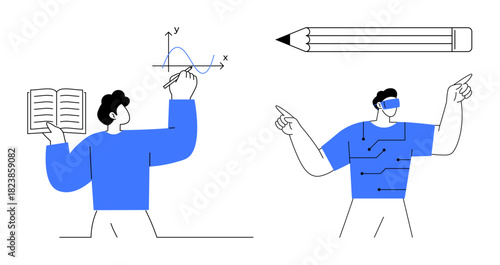 Person reading with graph, figure using virtual reality, pencil. Ideal for education, technology, innovation, creativity, digital transformation data analysis futuristic ideas. Simple flat metaphor