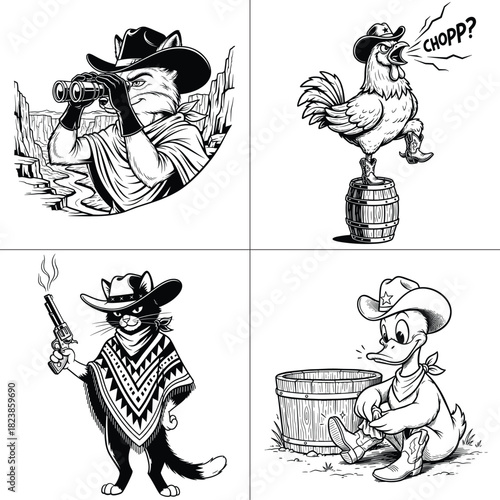 Cowboy Animals Set Cat Outlaw Rooster Duck Desert Line Art
