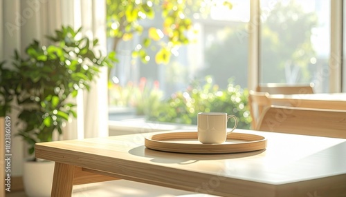 明るい木製テーブルの上に、トレーとカップが一組だけ整然と置かれた介護施設のダイニングエリア。
エアリーで雑然さのないミニマル構図が、清潔感と落ち着きのある食事空間を表現。