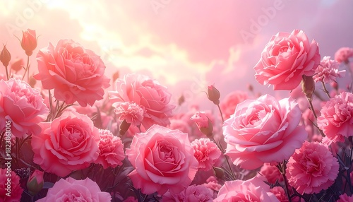 Lush field of pink roses in bloom under a pastel sky, creating a soft, romantic, and dreamlike atmosphere