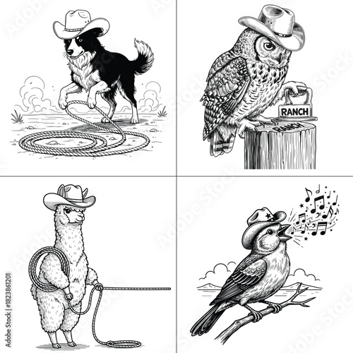 Cowboy Animals Set, Border Collie Alpaca Owl Singing Bird Line Art