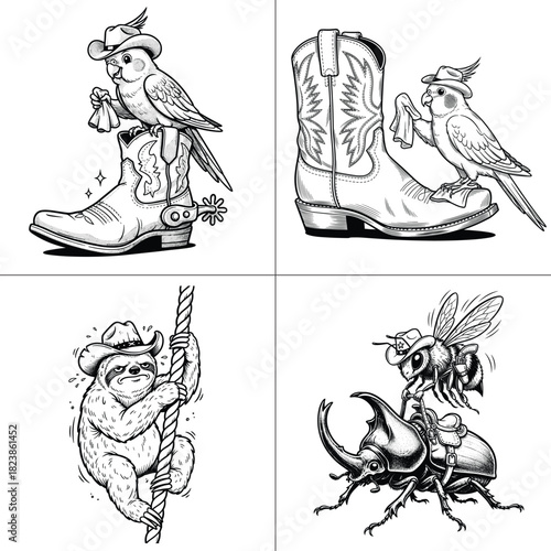 Cowboy Animals Set: Hedgehog Sheriff Bucking Horse Duck Bunny Line Art