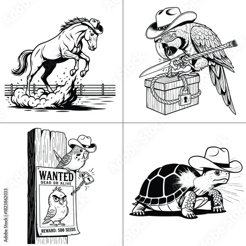 Wild West Animals Set Horse Turtle Parrot Wanted Poster Line Art