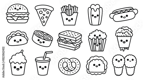 Cute kawaii fast food icon set simple line art vector illustration for menu design isolated on white background
