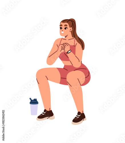 Happy girl in sportswear does squats while workout. Young woman with bottle of water does physical exercise. Athlete is training. Person practices sport. Flat isolated vector illustration on white.