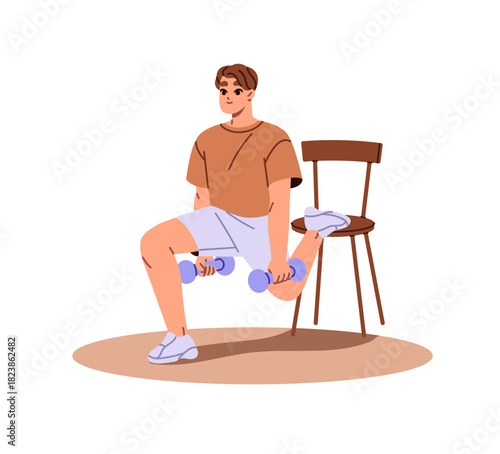 Athlete does split or bulgarian squats at home. Happy man is training with dumbbells. Boy does fitness exercises at workout. Person practices sport. Flat isolated vector illustration on white.