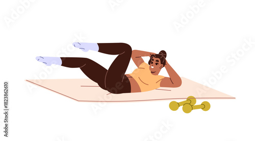 Girl does cross crunches on mat in fitness gym. Young woman practices knees to elbow exercise while workout. Athlete does sports training. Flat isolated vector illustration on white background.