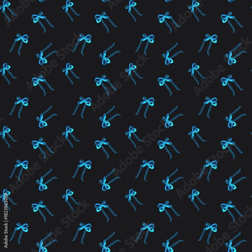 Fotografie Neon Blue Bows on Black Seamless Pattern