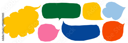 Colorful abstract speech bubbles with round shapes and playful texture. Hand-drawn paper elements create a childish scrapbook look. Perfect for text boxes and trendy designs