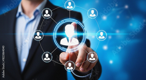 Human Resources Management: Businessman Activating Digital Icon for Team Leader Selection Concept of Target Audience, Customer Relationship, and Social Network Connection