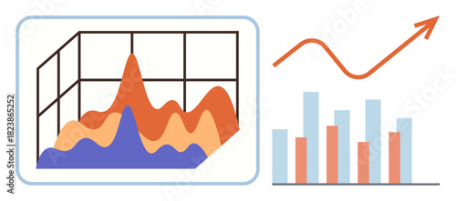 3D area graph, bar chart, upward curve arrow representing analytics, growth, and trends. Ideal for business analysis, statistics, forecasting, financial reports market research presentation simple
