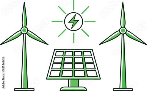 Sustainable Energy Theme Design Set. Renewable Power Illustration Pack. Clean Energy Eco Design Collection. Green Energy Icon Design Set. Eco Friendly Power Design Pack. Alternative Energy Theme