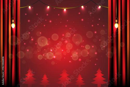 Happy new year 2026 Christmas background with red curtain and christmas tree. Vector illustration.