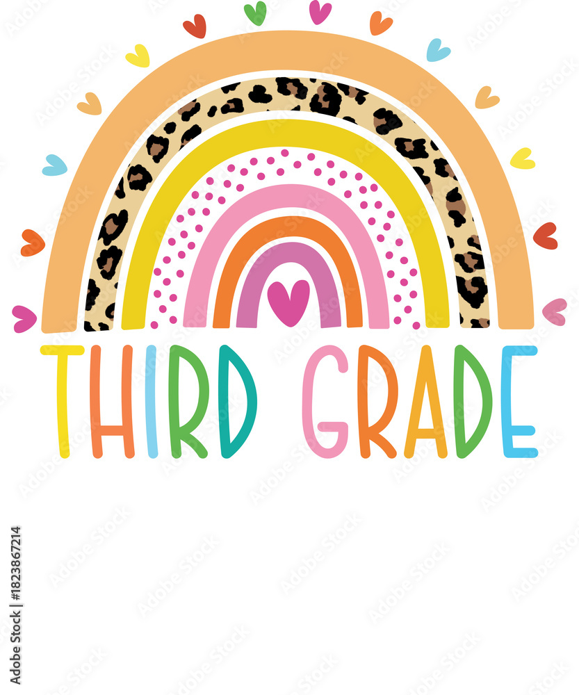 Fototapeta premium Third grade rainbow Shirt design student kids girls boys tshirt design boho rainbow leopard tee shirt design