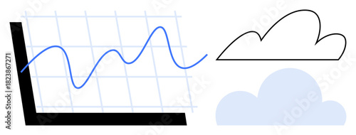 Line graph with blue data trend, grid background, black axis, and cloud icons. Ideal for analytics, cloud computing, trends, technology forecasting efficiency growth. Simple flat metaphor