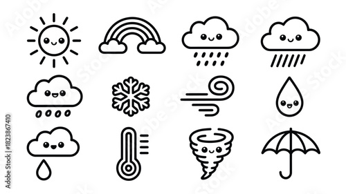 Weather icon set cute outline style vector illustration for weather forecast web design and mobile applications