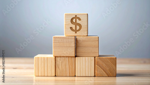 Wooden blocks stacked with bold dollar sign. Money, wealth, savings and business strategy.