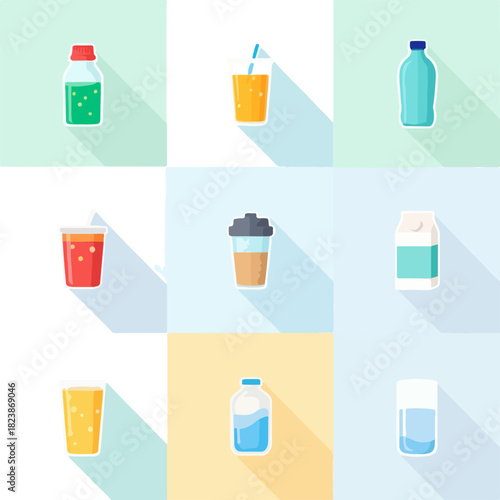 Assortment of beverage bottles and glasses with long shadows