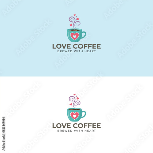 Love Coffee logo with teal cup red heart and whimsical steam swirls