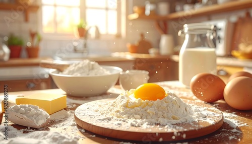 Baking ingredients, flour, egg yolk, butter, milk on wooden board, kitchen background, bright sunlight