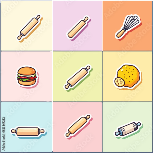 Baking tools and food items on colorful backgrounds