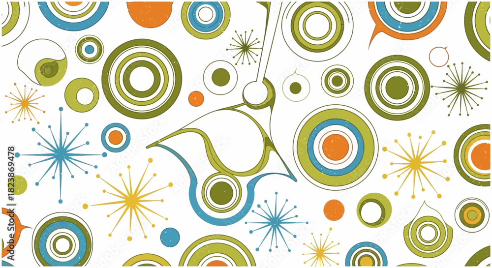 Fototapeta premium Abstract illustration of colorful circles and starbursts with an artistic mid-century modern aesthetic on white background
