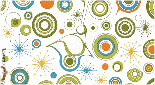 Abstract illustration of colorful circles and starbursts with an artistic mid-century modern aesthetic on white background