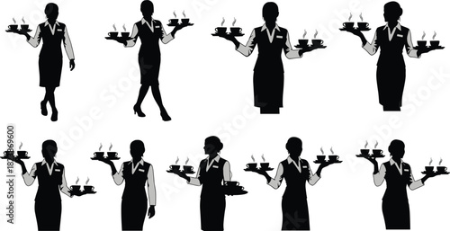 Waitress silhouette set, tray with cups, steaming beverages, service gesture, restaurant pose, black on white, hospitality icon