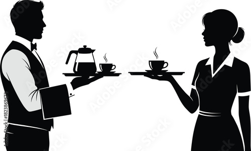 Waitstaff silhouette illustration, male and female servers, tray with coffee, hospitality gesture, black on white, restaurant service icon
