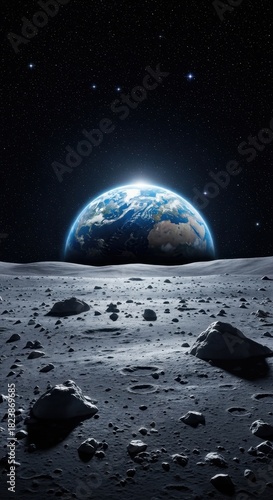 Ethereal vision of earth rising above the lunar landscape creating a sense of wonder