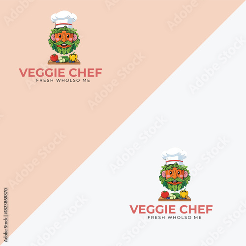 Veggie Chef logo with vegetable face and chef hat emphasizing fresh wholesome plant-based cuisine