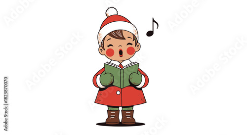 Joyful child in festive attire sings a heartwarming Christmas carol with musical notes floating in the air