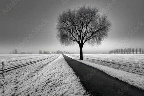 Solitary bare tree by a snowy path through winter fields, stark monochrome.