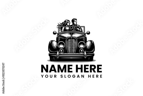 Elegant vintage convertible car with stylish couple vector logo illustration, ideal for luxury travel, classic automotive, and retro branding
