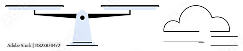 Dual-pan scale symbolizing balance and equity alongside a minimalistic line-drawn cloud. Ideal for themes thumbs up fairness, decision-making, justice, sustainability, environmental care, weighing