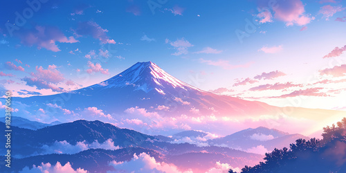 朝の雲海に浮かぶ富士山と山並み