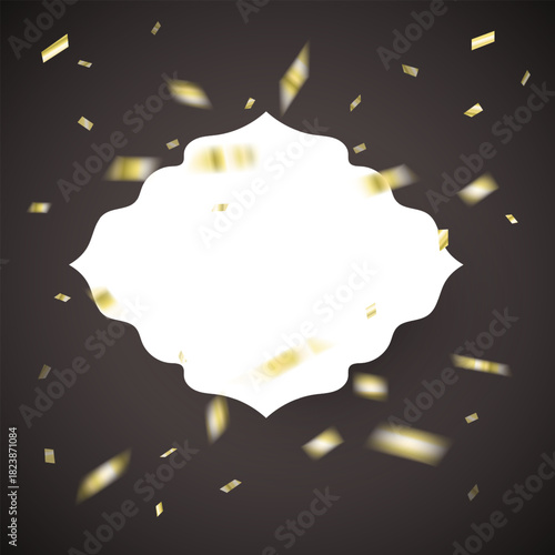 Golden Confetti Burst with Ornate Blank Label on Dark Background frame for text. Vector templates for wedding invitation, greeting card, packaging, branding, design, social or media