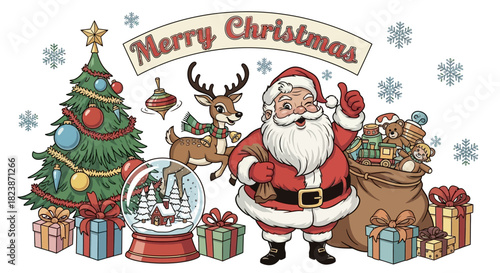 A festive cartoon illustration of Santa Claus with a reindeer, a decorated Christmas tree, and a sack full of toys for the holiday season