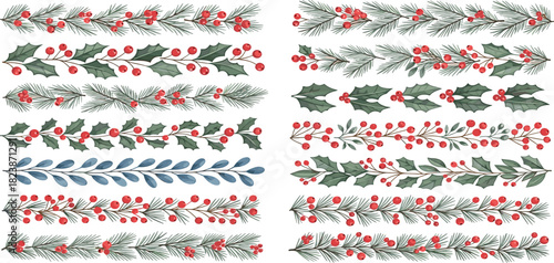 Festive Foliage Watercolor Christmas Borders with Berries and Greenery