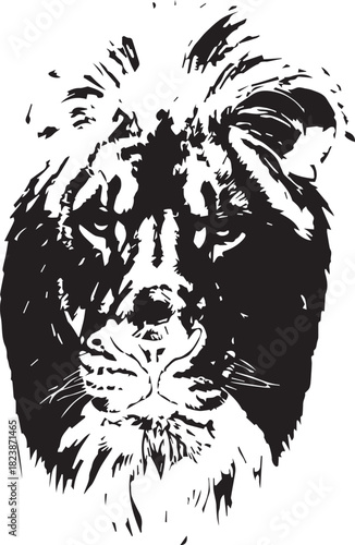 Black and white illustration of a majestic lions head, isolated on white background
A striking black and white illustration captures the powerful and regal essence of a lion's face, showcasing its int