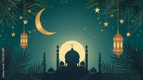 Ramadan kareem mosque silhouette with crescent moon and lanterns