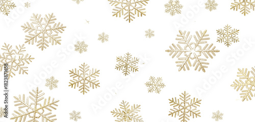 Golden snowflakes falling on a white background, festive winter holiday decoration