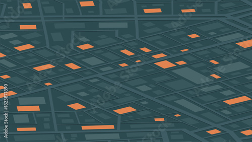 Dark isometric city map background with orange geometric building blocks for digital navigation interfaces. Vector illustration.