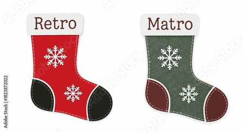 Charming illustration of two vintage-inspired holiday stockings, one deep red and one muted green, each embellished with intricate snowflake designs, perfect for seasonal celebrations and winter cheer