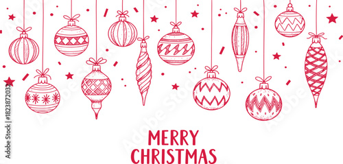 Festive hand-drawn Christmas ornaments in pink hanging from above with Merry Christmas text